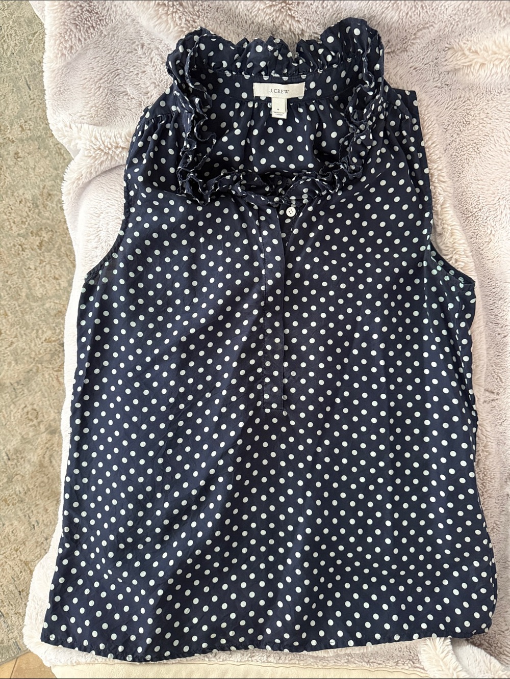 J. Crew Navy Polka Dot Ruffle Sleeveless Top - Picture 1 of 3